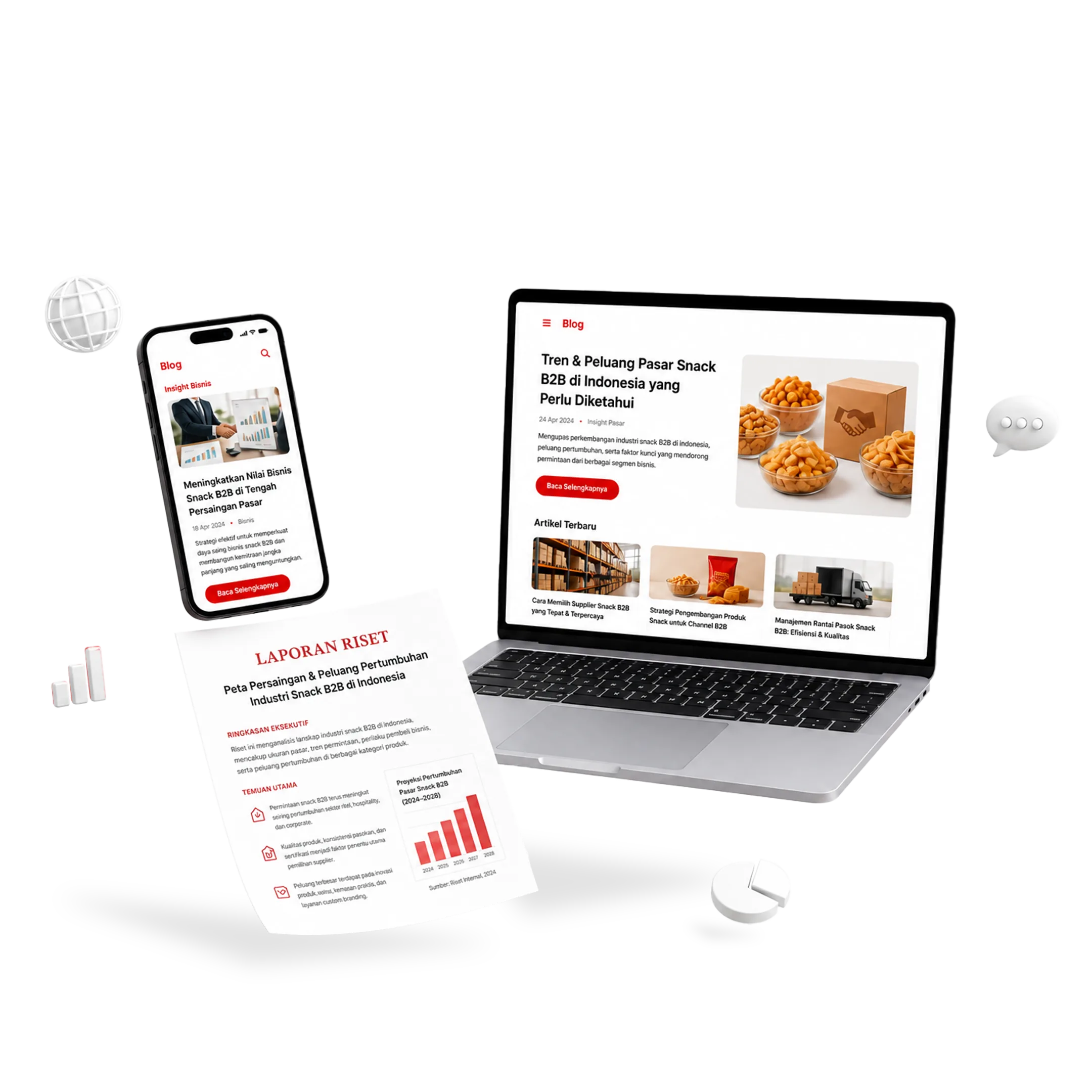 Artikel insight bisnis Foodstocks tampil di laptop, smartphone, dan laporan riset.