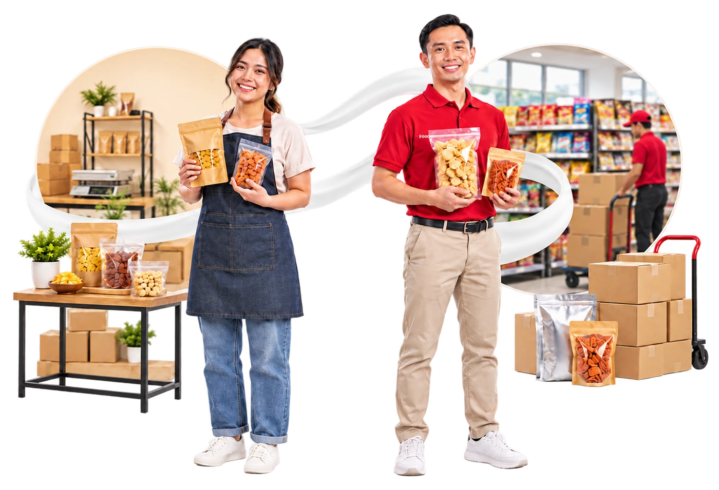 Pemilik toko dan petugas Foodstocks memegang produk snack kemasan siap kirim ke luar negeri.