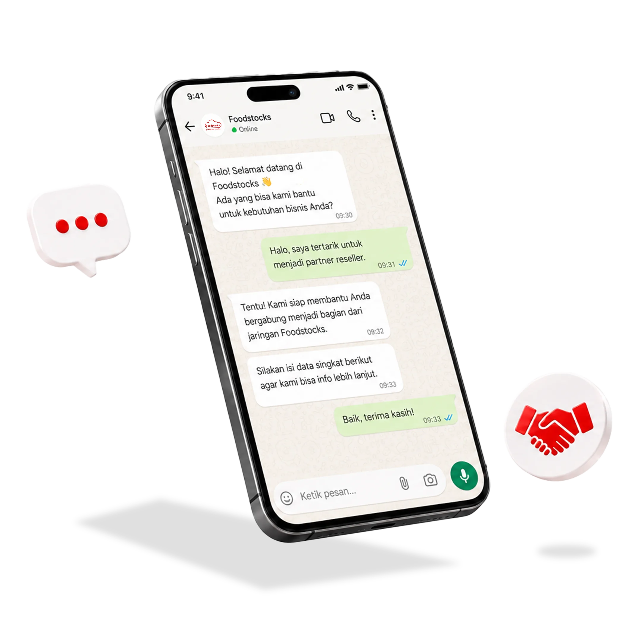 Smartphone menampilkan percakapan WhatsApp dengan tim kemitraan Foodstocks.