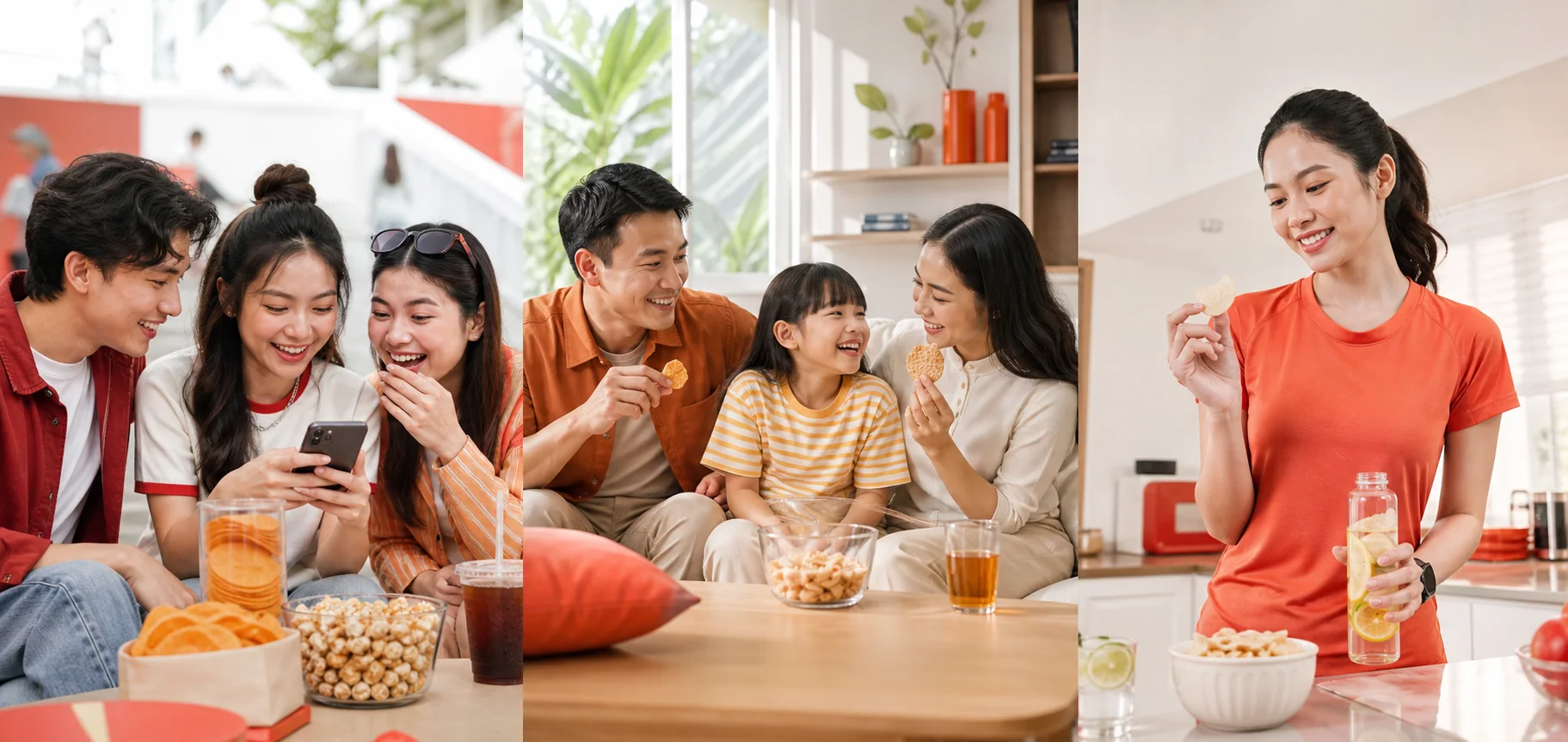 Kolase konsumen Indonesia: anak muda mencari snack melalui ponsel, keluarga berbagi camilan, dan pembeli yang memilih produk sehat.