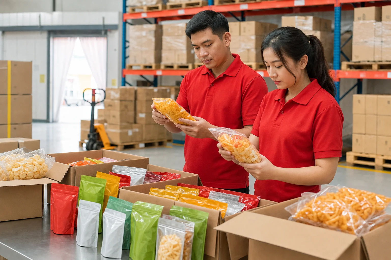 Tim Foodstocks memeriksa kualitas produk snack di gudang sebelum didistribusikan.