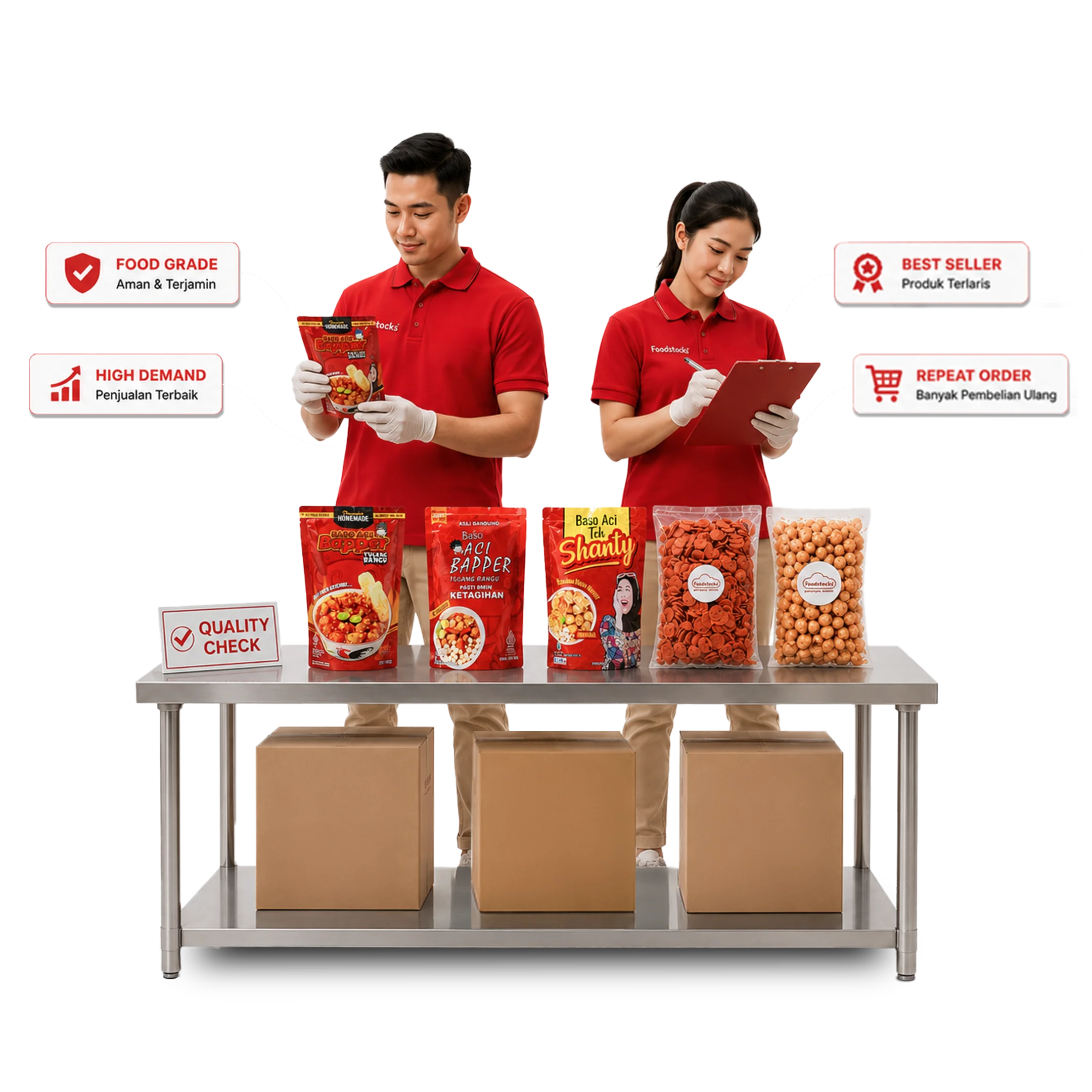 Tim Foodstocks memeriksa kualitas produk snack di gudang sebelum didistribusikan.