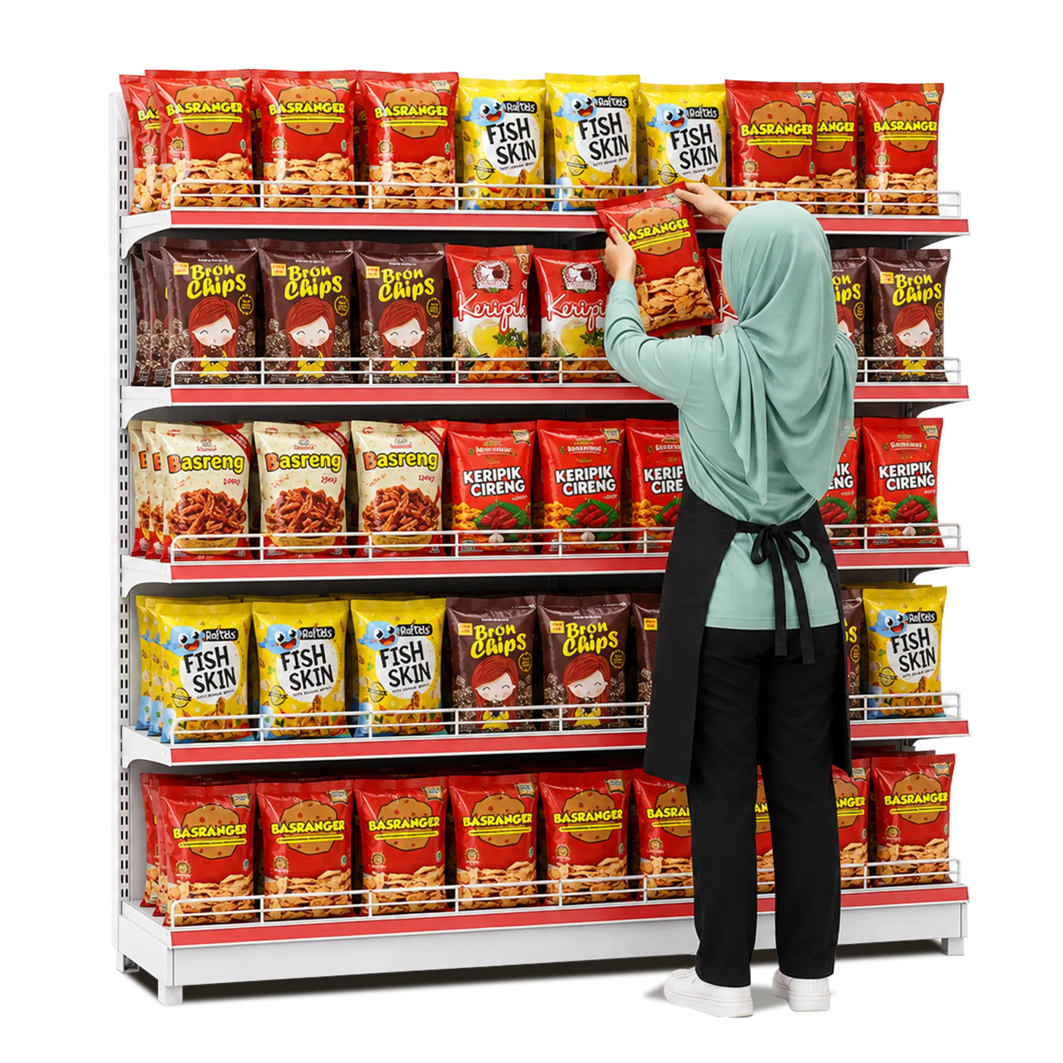 Pemilik toko menata produk snack pada rak untuk program konsinyasi Foodstocks.