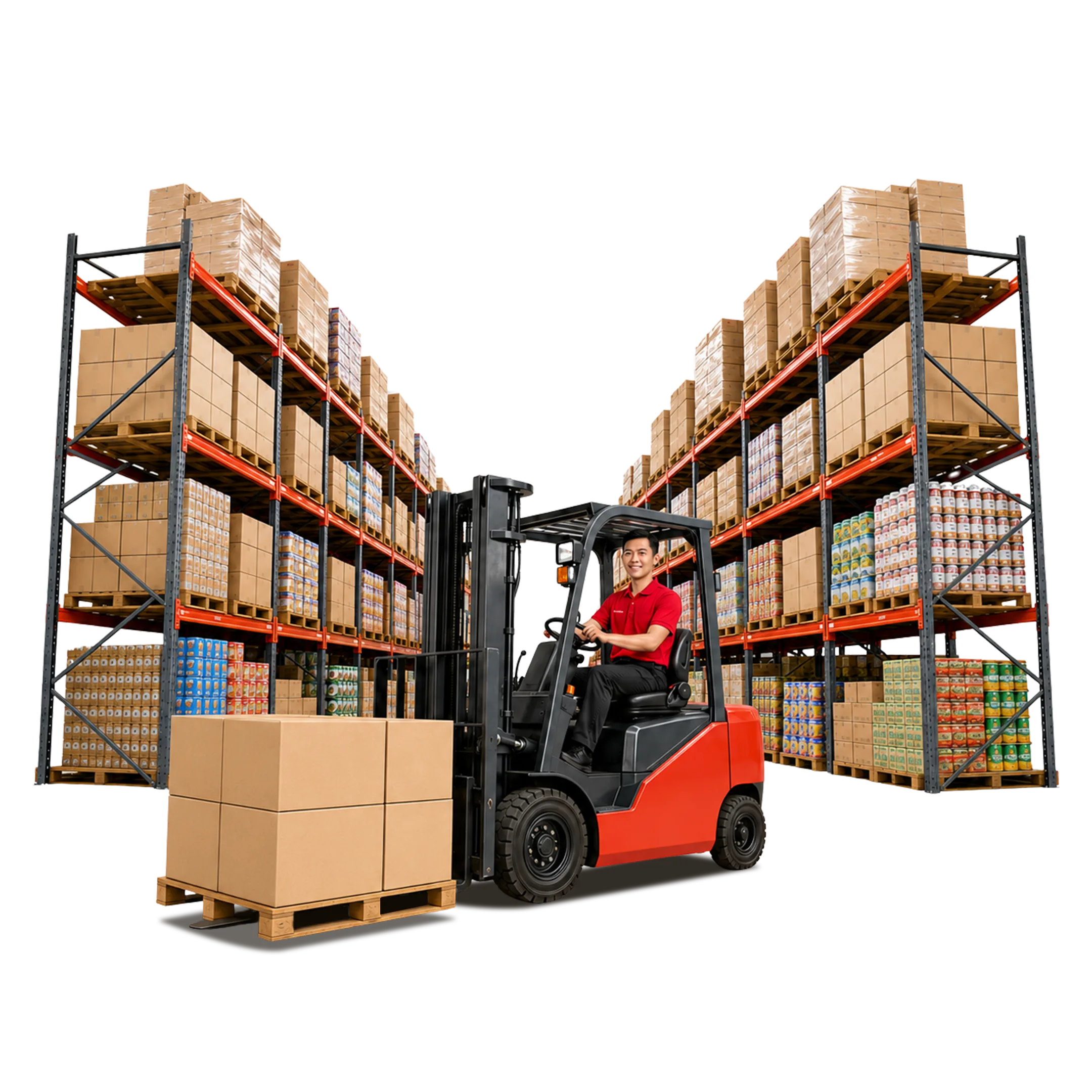 Tim gudang Foodstocks mengoperasikan forklift di antara rak stok makanan ringan untuk reseller.