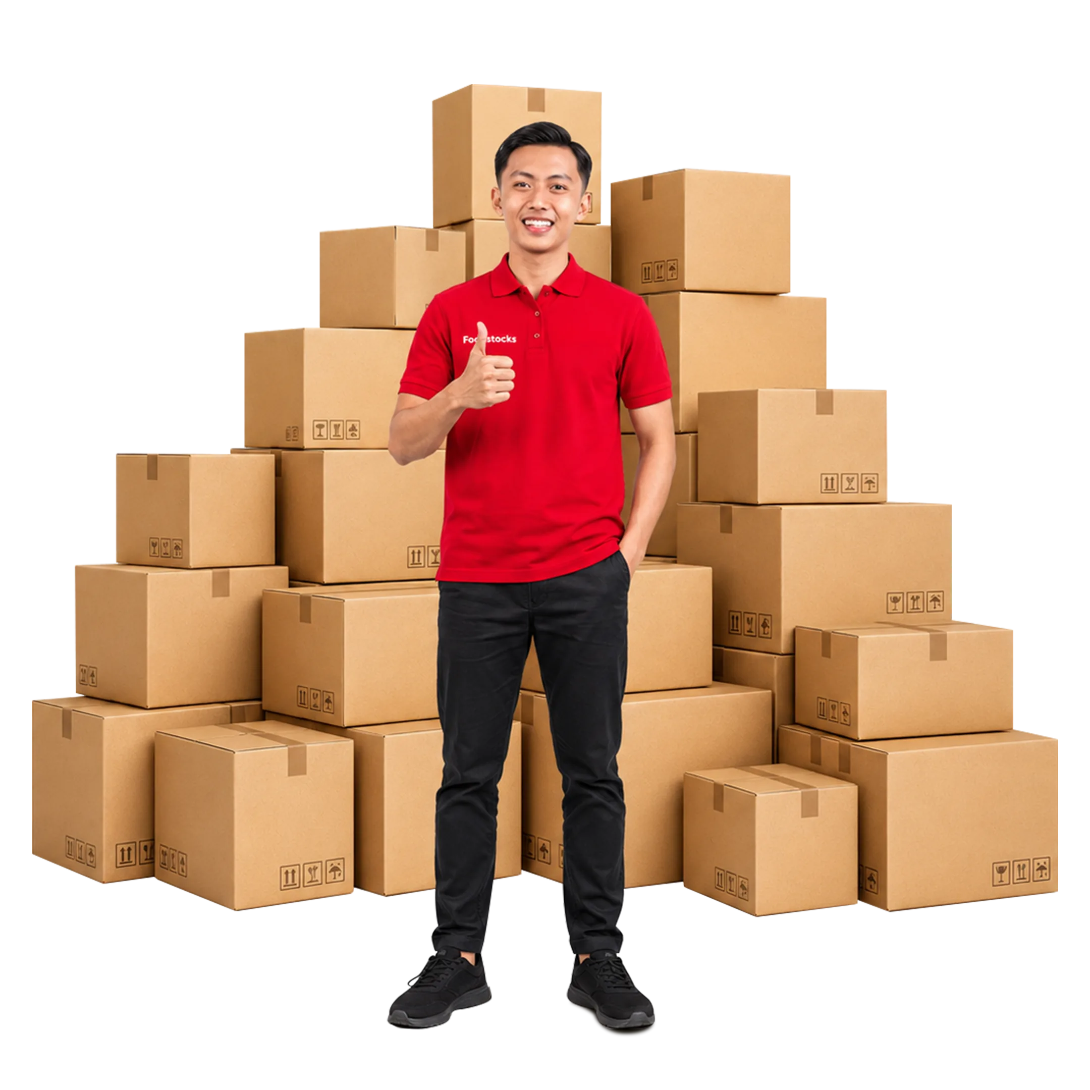 Tim Foodstocks berdiri di antara tumpukan karton untuk layanan pembelian snack grosir.