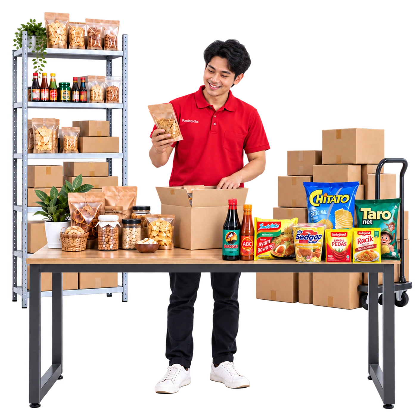 Petugas Foodstocks menyortir produk snack dari berbagai mitra supplier di gudang.