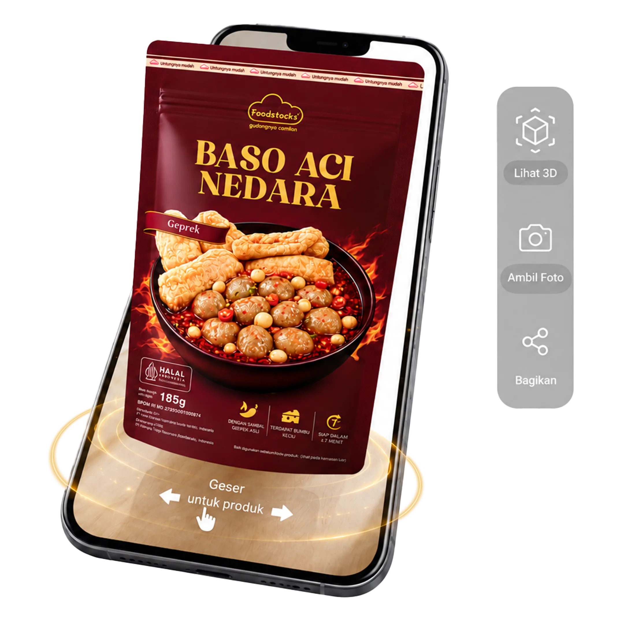 Pengguna melihat informasi produk snack melalui Visualisasi AR Foodstocks.