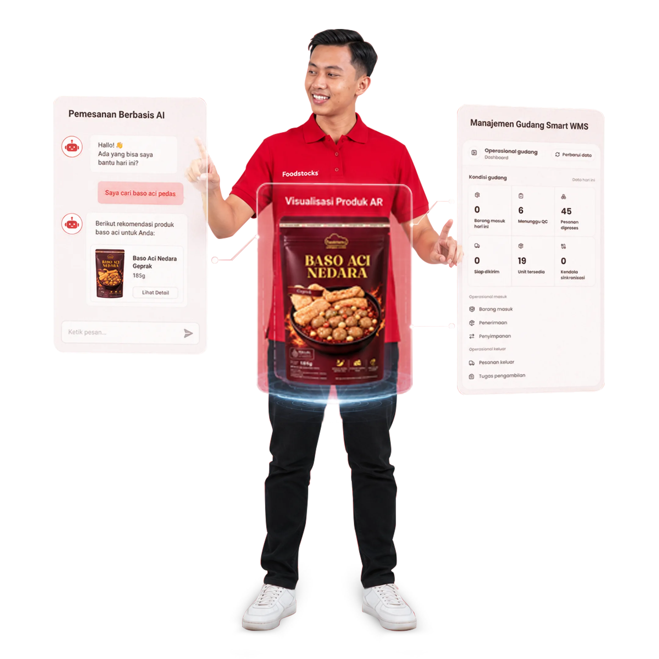 Tim Foodstocks mengoperasikan pemesanan AI, visualisasi AR, dan Smart WMS.