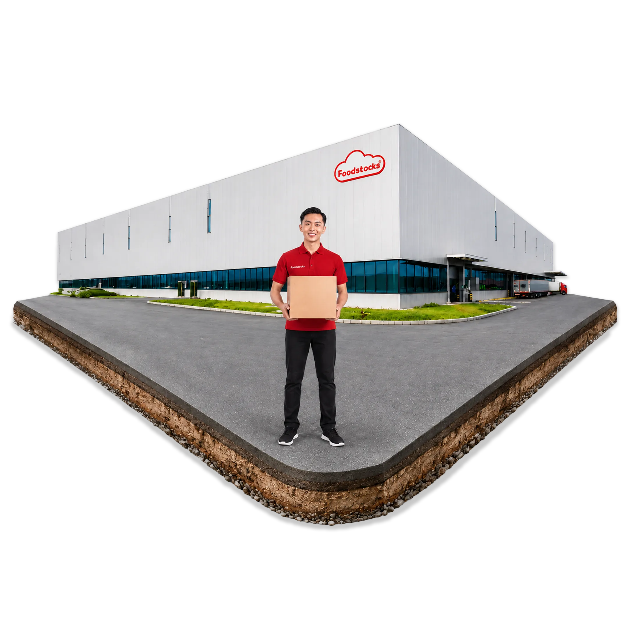 Tim Foodstocks di depan fasilitas gudang dan pusat distribusi.