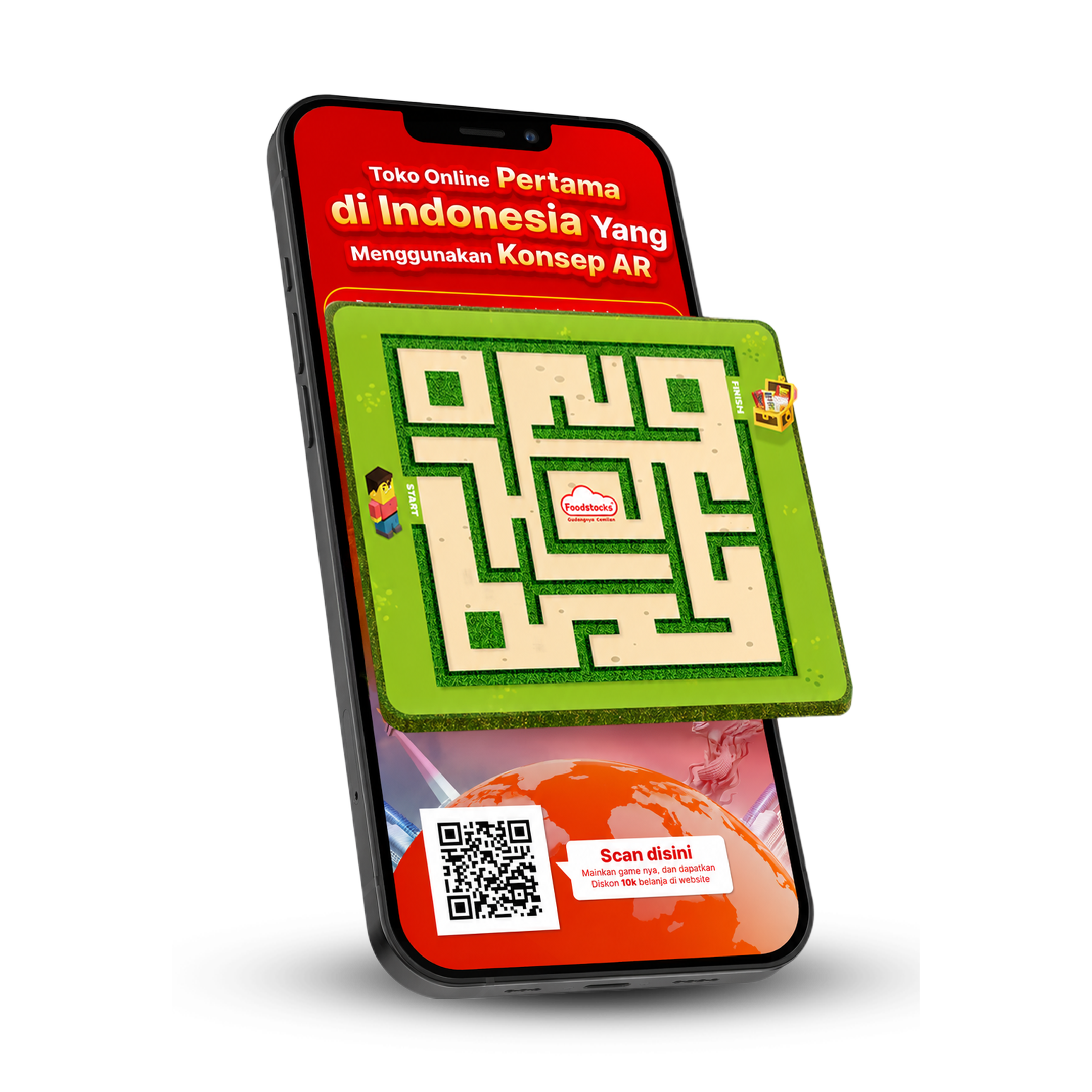 Smartphone menampilkan kode QR Labirin untuk mencoba pengalaman AR interaktif Foodstocks.