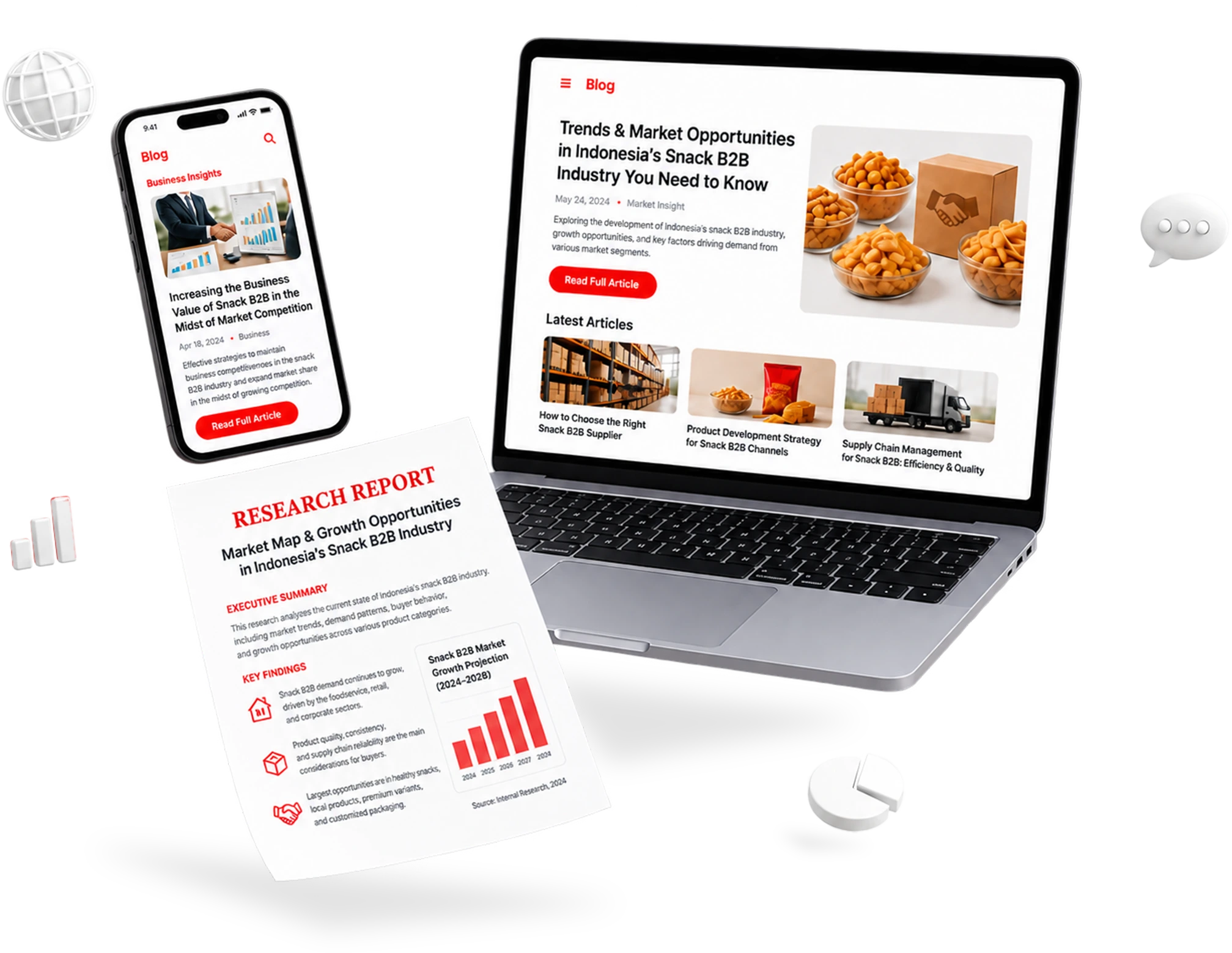Foodstocks business insights displayed on a laptop, smartphone, and research report.