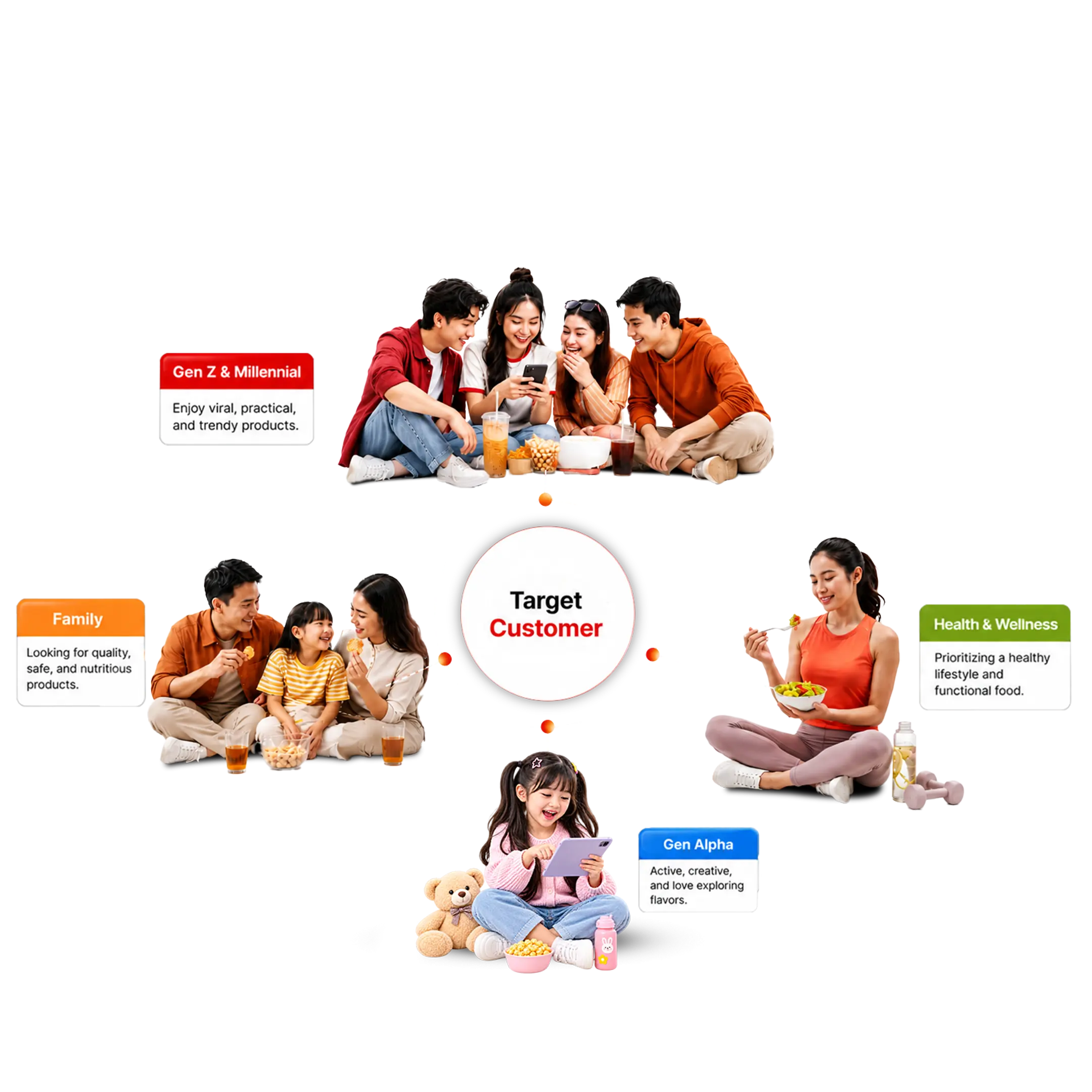 Indonesian consumer collage: young people discovering snacks on a phone, a family sharing treats, and a health-conscious shopper.