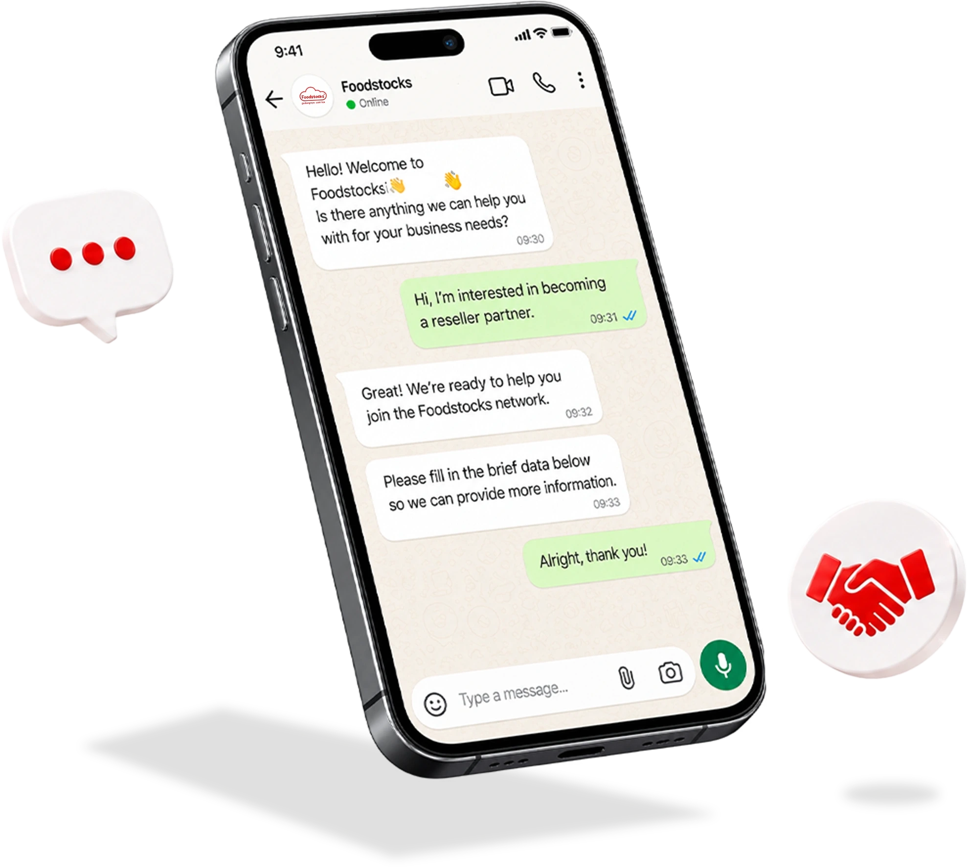 A smartphone shows a WhatsApp conversation with the Foodstocks partnership team.