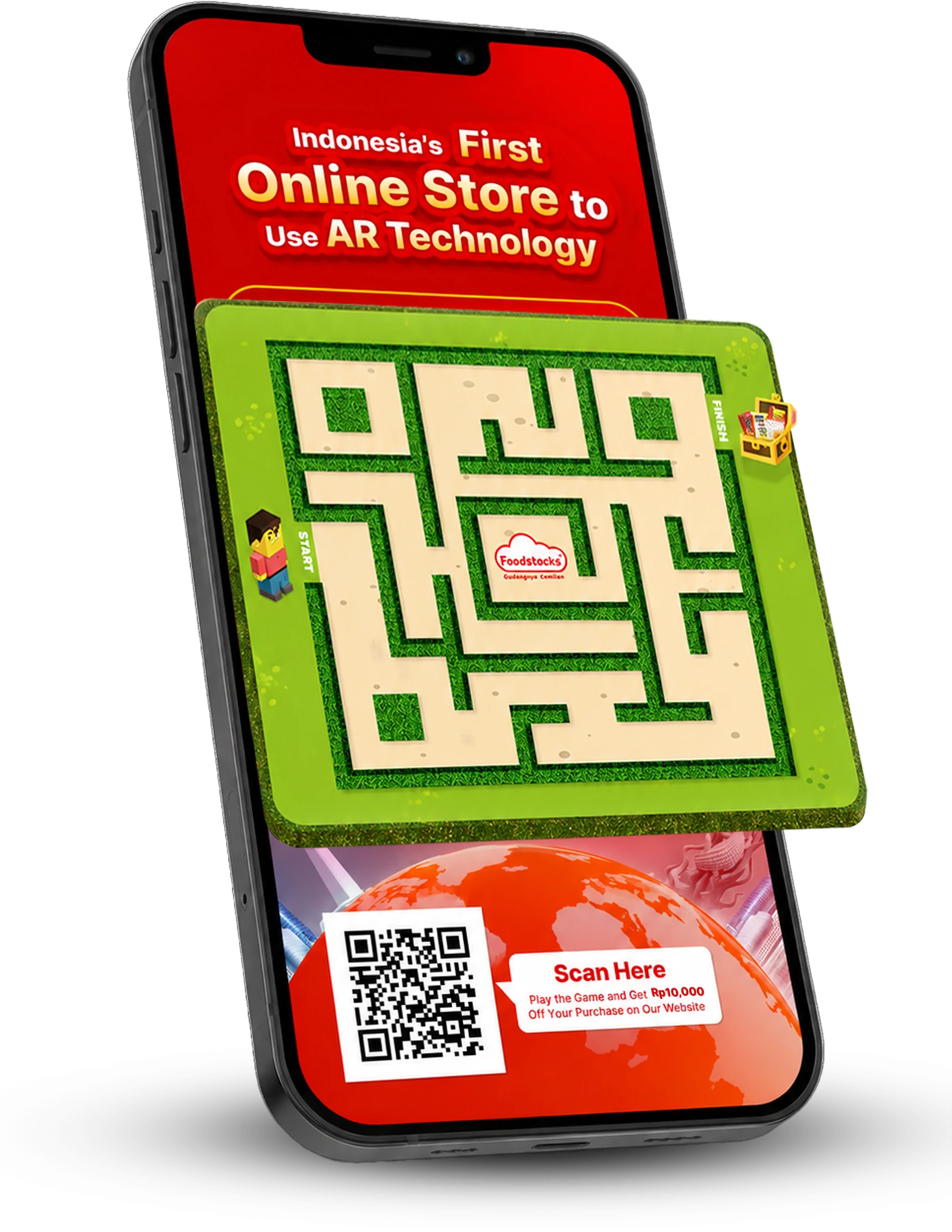 A smartphone displays the Labirin QR code for the interactive Foodstocks AR experience.