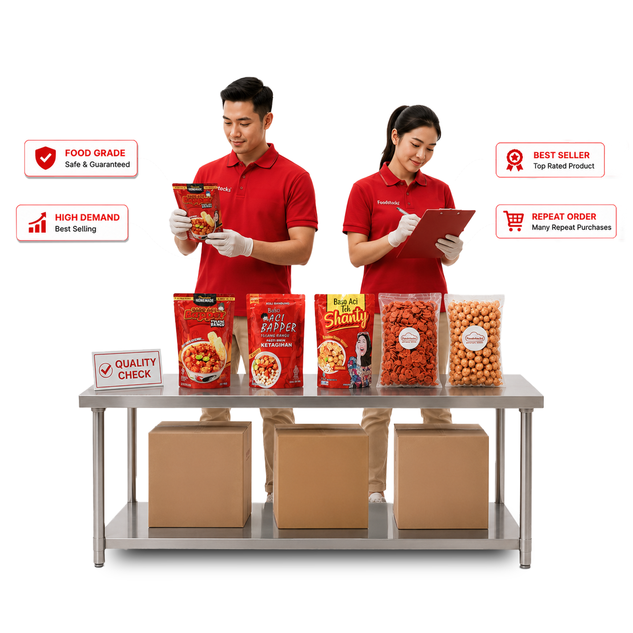 The Foodstocks team inspects snack product quality in the warehouse before distribution.