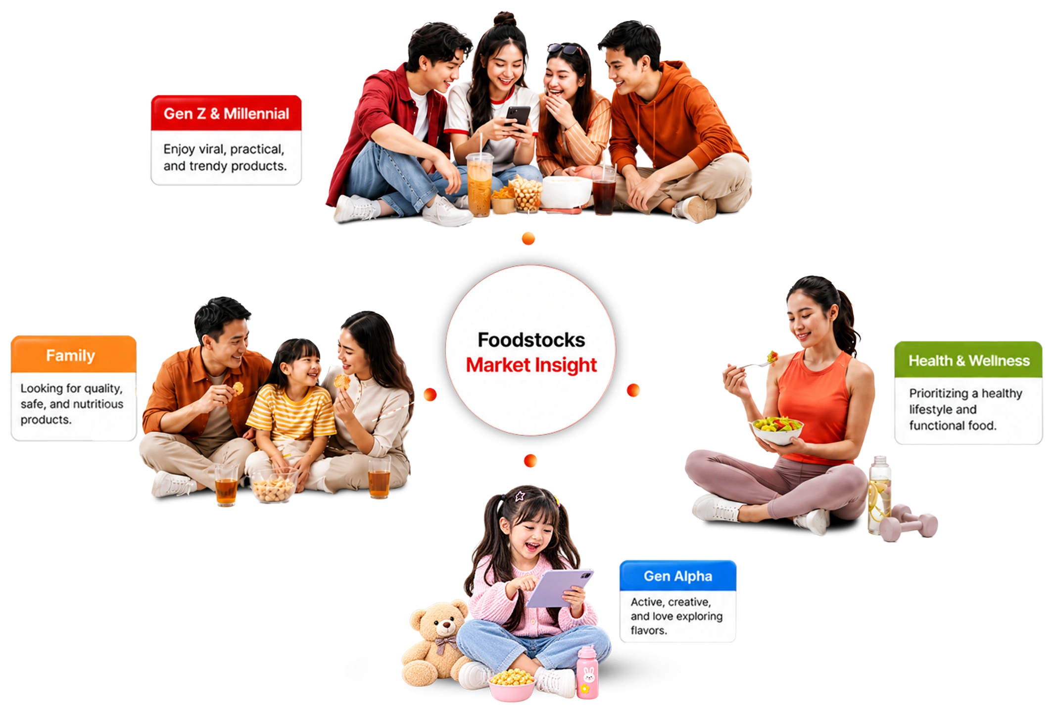 Indonesian consumer collage: young people discovering snacks on a phone, a family sharing treats, and a health-conscious shopper.