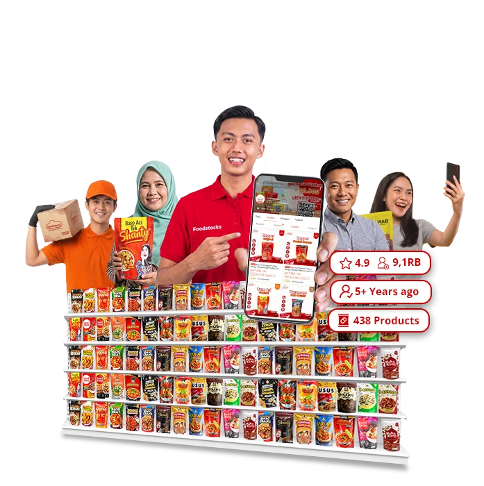 Reseller, Supplier, dan Tim Foodstocks bersama produk snack terlaris