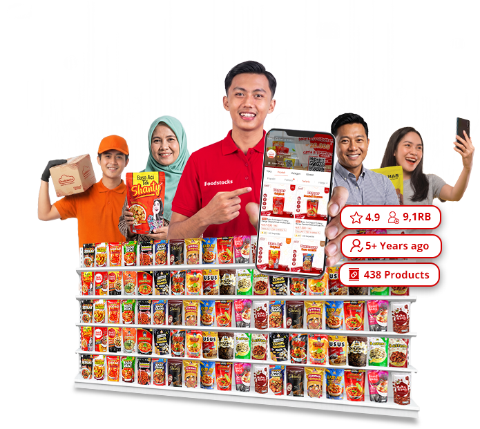 Reseller, Supplier, dan Tim Foodstocks bersama produk snack terlaris