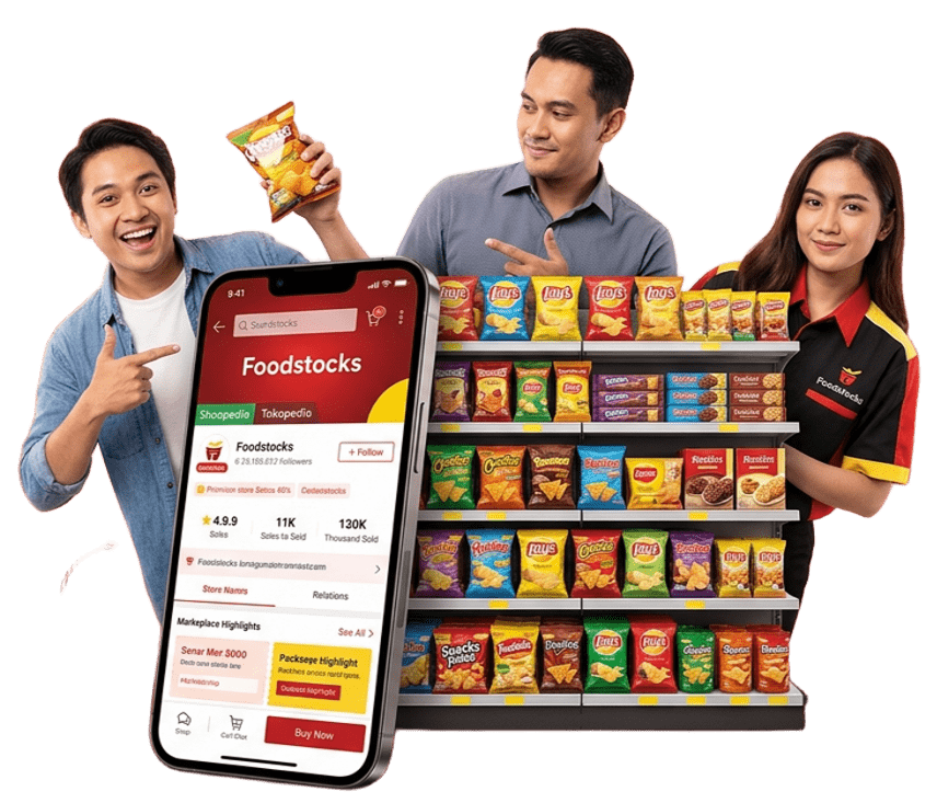 Reseller, Supplier, dan Tim Foodstocks bersama produk snack terlaris